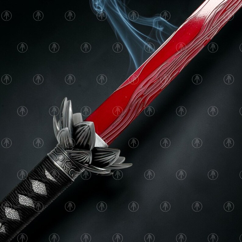 May include: A sword with a vibrant red blade featuring a wavy pattern and a metallic silver lotus-shaped guard. The handle is wrapped in black cord with a textured diamond pattern. Wisps of smoke rise from the blade against a dark background.
