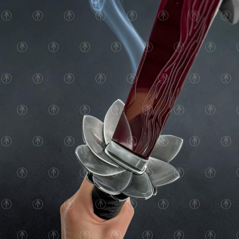 May include: A sword with a deep red blade featuring a subtle wavy pattern and a silver-colored metal handguard shaped like a blooming lotus flower. The handle is wrapped in black material, and a thin wisp of smoke rises from the blade.