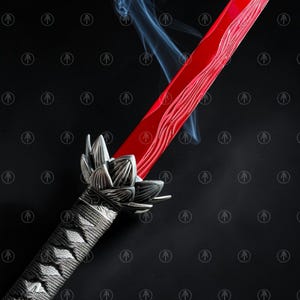 May include: A sword with a vibrant red blade featuring a wavy pattern and a silver-toned hilt shaped like a lotus flower. The handle is wrapped in a textured dark material, and a thin wisp of smoke rises from the base of the blade.