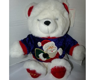 Vintage 1999 Kmart Collectible Bear White Plush Santa Sweater Christmas Holiday