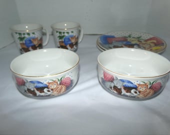 Vintage Little Gang Hond Kat 6-delige kindermaaltijdset met bord, kom en mok, Japan