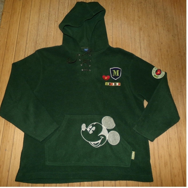 Disney Womens Mickey Mouse SZ SMALL Fleece Hoodie Green Lace Up Pullover Vintage image 1