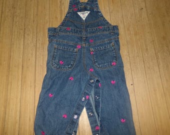 OshKosh Bgosh Baby Girls 12M Vintage Denim Overalls Pink Bird Embroidered