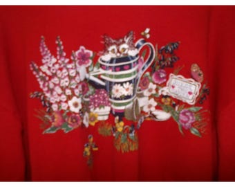 Vintage Chalk Line Red Cat Watering Can Garden Sweatshirt White Collar Large