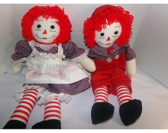 Vintage Raggedy Ann Andy Dolls Set: Red Yarn Hair, Floral Outfits, 16 inch