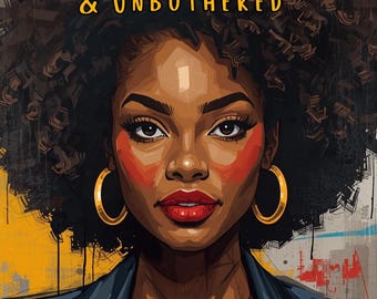 May include: A digital illustration of a person with dark skin and voluminous curly hair, wearing large gold hoop earrings. The text reads: BOOKED, BLESSED & UNBOTHERED, 30 AFFIRMATIONS FOR BLACK CORPORATE GIRLIES, and 2026 PCCONSULTING. ALL RIGHTS RESERVED.