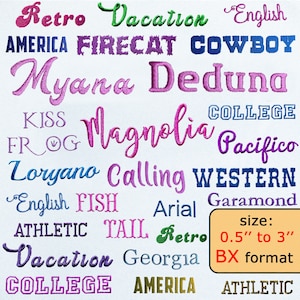 May include: A white fabric background displays various embroidered words in different colors and fonts. Words include "Retro," "Vacation," "English," "America," "Firecat," "Cowboy," "Myana," "Deduna," "Kiss," "Frog," "Magnolia," "Pacifico," "Loryano," "Calling," "Western," "Fish," "Arial," "Athletic," "Tail," "Georgia," "College," "America," and "Athletic." The size is 0.5" to 3" in BX format.