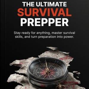 May include: A book cover with a black background featuring the white and orange text THE ULTIMATE SURVIVAL PREPPER and the subtitle Stay ready for anything, master survival skills, and turn preparation into power above a vintage compass on a map.