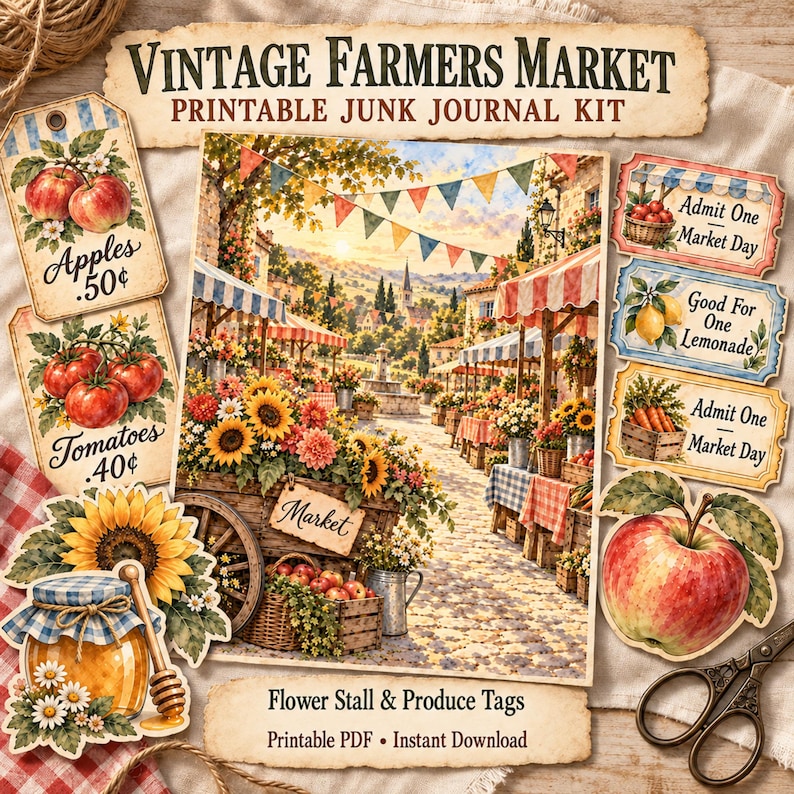 Vintage Farmers Market Printable Junk Journal Kit | Flower Stall ...