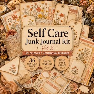 Zestaw do dziennika „Self Care Junk Journal”, tom 2 | Ephemera z dzikich kwiatów | 36-stronicowy plik PDF do druku