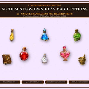 Könnte beinhalten: Eine digitale Sammlung von Alchemist's Workshop & Magic Potions Illustrationen mit verschiedenen Glasflaschen mit farbigen Flüssigkeiten, einem totenkopfförmigen Fläschchen, einem herzförmigen Trank, einem kleinen Buch mit Mondsymbol und einem Mörser.