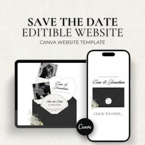 May include: A digital wedding invitation template displayed on a tablet and smartphone. The tablet shows photos and text within a black envelope design. The smartphone displays a similar design. The text reads "Save the Date" and "Ema & Jonathan".
