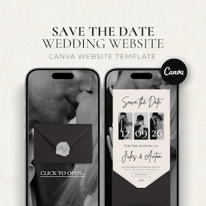 Reserva la fecha con dinero antiguo: sitio web de bodas con sobre animado, plantilla de invitación digital de Canva, papelería minimalista y elegante para novias.