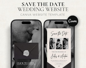 Altes Geld sparen das Datum: Animierte Umschlag Hochzeitswebsite, Canva Digitale Einladungsvorlage, elegante minimalistische Braut Briefpapier
