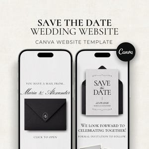 Może przedstawiać: Cyfrowy szablon zaproszenia ślubnego wyświetlany na dwóch smartfonach. Projekt przedstawia czarną kopertę z białą kartą z napisem "Save the Date" oraz imionami Maria & Alexander. Widoczne jest logo Canva.