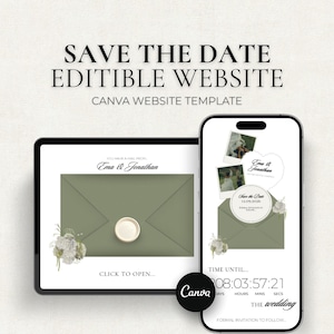 May include: A digital wedding invitation template shown on a tablet and smartphone. The tablet displays a green envelope with a wax seal, while the phone shows photos and a countdown. Text includes "Save the Date" and "Canva Website Template."
