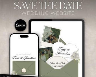 Soft Sage Save The Date Website, Minimalist Canva Editable Wedding Invitation Template, DIY Digital Wedding Stationery 2026, Bride Must Have