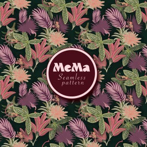 Op de afbeelding: Een naadloos patroon met tropische bladeren en bloemen in roze, perzik, groen en paars op een donkergroene achtergrond. Het ontwerp bevat gestileerde bladeren, bloemen en apenillustraties. De tekst "MeMa Seamless pattern" staat in een cirkelvormige lijst.