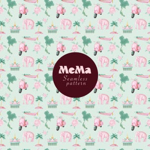 Op de afbeelding: Naadloos patroon met roze olifanten, scooters, bloemen en Thaise tempels op een lichtgroene achtergrond. Het patroon bevat de tekst "MeMa Seamless pattern" in een bordeauxrode cirkel.