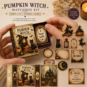 May include: A Pumpkin Witch matchbox kit featuring printable components for a Halloween craft. The set includes a box with a witch and cat illustration, a Magic Spells card, and various decorative cutouts like bats, pumpkins, and labels.
