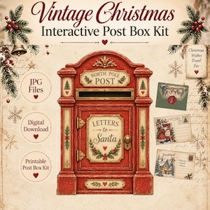 Peut inclure: Un kit de boîte aux lettres interactive Vintage Christmas comprenant une boîte aux lettres rouge ornée avec le texte North Pole Post et Letters to Santa. Le kit inclut des fichiers numériques, des cartes postales et des enveloppes imprimables.