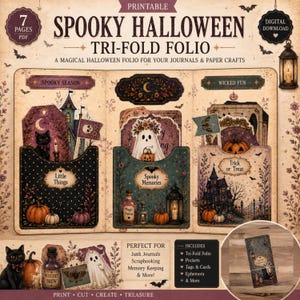 Può includere: Un folio pieghevole a tre ante stampabile in download digitale con grafiche a tema Halloween che includono un gatto nero, un fantasma, zucche, lanterne e pozioni. Il design presenta etichette come Spooky Season, Wicked Fun, Little Things, Spooky Memories e Trick or Treat, organizzate su sette pagine per lavori creativi.