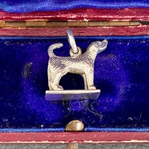 May include: A silver dog pendant charm inside a red and blue jewelry box. The pendant is a detailed depiction of a dog standing on a small rectangular base. The box has a blue velvet interior and the text "WATCHMAKERS" is visible.