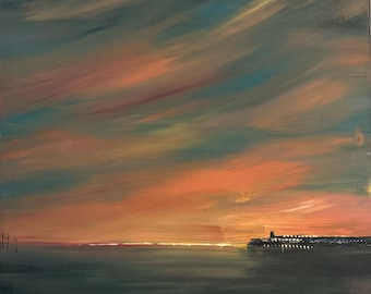 Abstract Seascape Painting Original 50x50cm, Modern Coastal Wall Art, Sunset Ocean Artwork, Contemporary Minimal Acrylic Painting