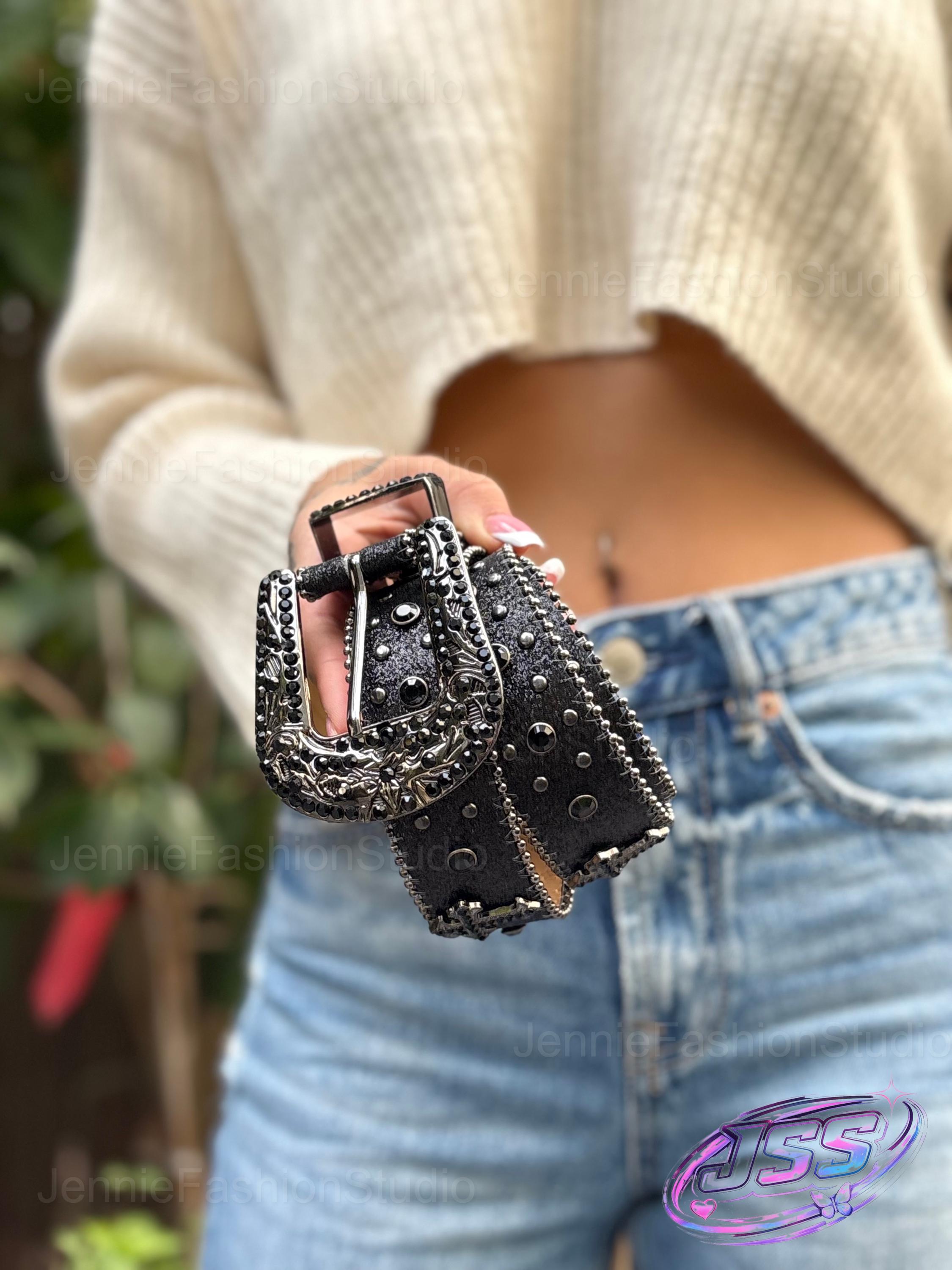 Y2K Black Rhinestone Cross Belt | Western Cowboy Studded Leather