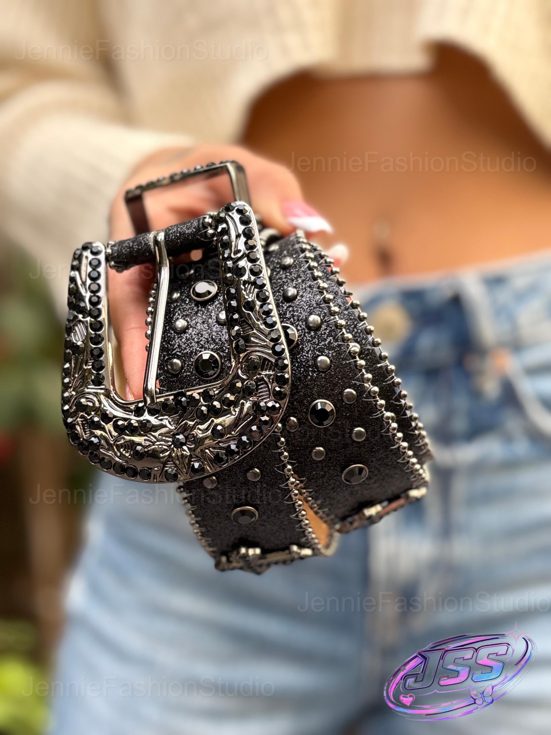 Y2K Black Rhinestone Cross Belt | Western Cowboy Studded Leather