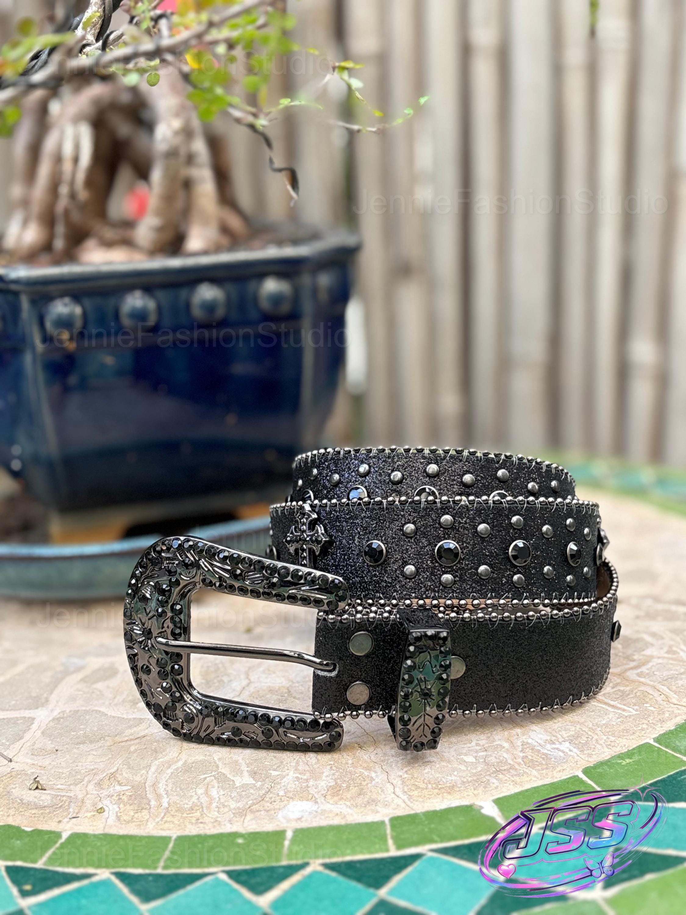 Y2K Black Rhinestone Cross Belt | Western Cowboy Studded Leather