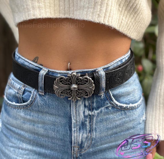 Y2K Grunge Faux Leather Belt | Vintage 2000s Floral Pattern Belt | Punk Rock Metal Buckle Belt | Unisex Retro Streetwear Accessory.
