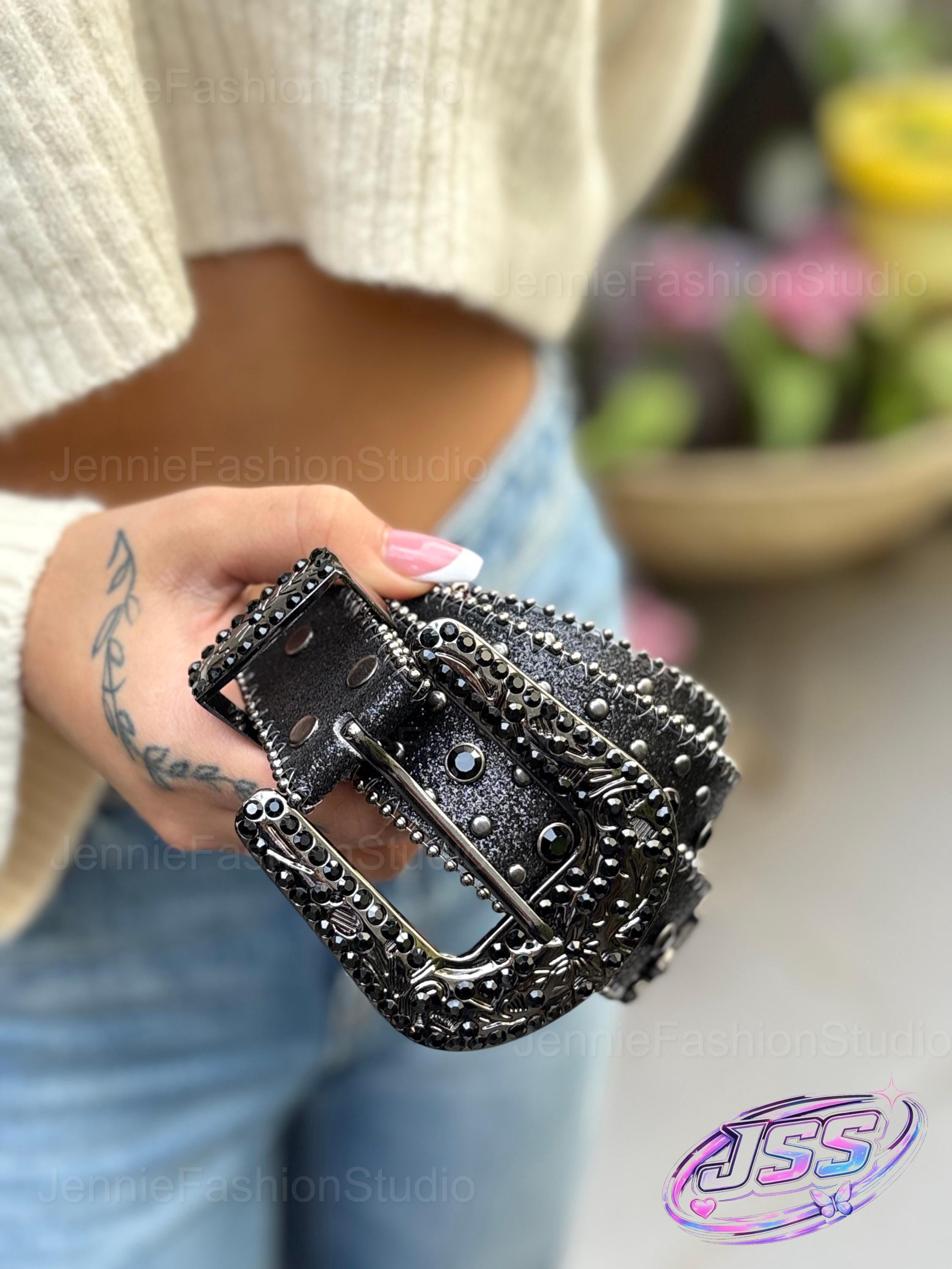 Y2K Black Rhinestone Cross Belt | Western Cowboy Studded Leather