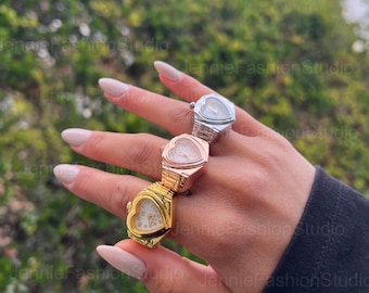 Heart Watch Ring, Y2K Gold Finger Watch, Adjustable Retro Ring Watch, Coquette Jewelry, Cute Vintage Statement Ring.