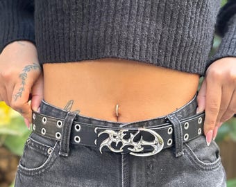 Y2K 2000s Faux Leather Double Hole Grunge Belt | Metal Thorn Buckle Punk Belt | Hollow Leather Waist Belt Unisex Plus Size Fashion Accessory