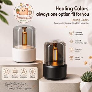 Op de afbeelding: Twee cilindrische tafellampen met witte en zwarte voetstukken, voorzien van transparante grijze glazen kappen en interne goudkleurige lichtarmaturen. De afbeelding bevat de tekst: Healing Colors, always one option fit for you, en Innovate MART.