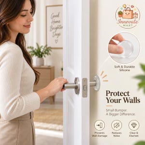 May include: A clear, circular silicone door handle bumper designed to protect walls from impact. The product is shown installed on a door handle, with text stating Protect Your Walls, Small Bumper, A Bigger Difference, Prevents Wall Damage, Reduces Noise, and Clear & Discreet.