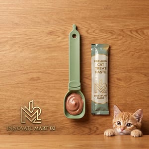 May include: A sage green plastic spoon containing a dollop of brown cat treat paste, positioned next to a matching foil packet labeled PREMIUM CAT TREAT PASTE WESTFORT MART, with a small orange tabby kitten visible at the bottom right corner.