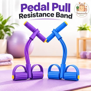 May include: A purple and a blue pedal pull resistance band, each featuring two foot pedals with textured surfaces, a central handle, and multiple elastic tubes. The text Pedal Pull Resistance Band and the Innovate Mart logo are visible above.
