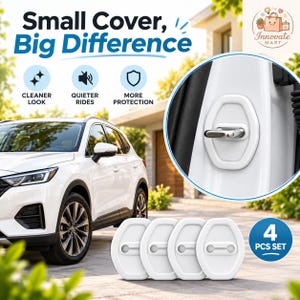 Könnte beinhalten: Ein Set aus vier weißen Türschlossabdeckungen für Autos mit glatter, sechseckiger Form. Das Bild enthält den Text Small Cover, Big Difference, Cleaner Look, Quieter Rides, More Protection und 4 PCS SET sowie eine Nahaufnahme der Abdeckung.
