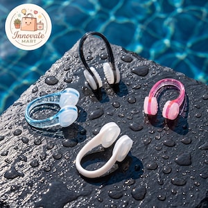 May include: Four U-shaped nose clips for swimming, each featuring a flexible bridge and soft silicone pads. The set includes one black, one light blue, one pink, and one white nose clip, all designed with a smooth, translucent finish.