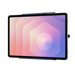May include: A tablet with a vibrant, abstract background in shades of pink, purple, and blue. The tablet has a black bezel and a dark blue accessory attached at the top and bottom. A small, black knob is on the side.