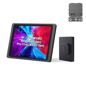 May include: A dark gray tablet case with a screen displaying a colorful abstract image. Text on the screen reads "Air 11-in. (M3, M2), Air (5th/4th Gen), Pro 11-in. (4/3/2/1 Gen)." A black charging dock and a small gray component are also visible.