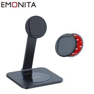 May include: A black phone stand with a square base and a circular top, featuring the brand name "EMONITA". Includes a separate magnetic disc with adhesive backing. The stand is designed to hold a phone.