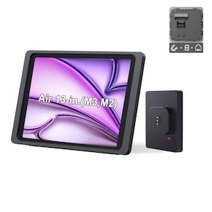 May include: A black tablet with a 13-inch screen, displaying a purple and white abstract design. The tablet is in a dark gray frame. A black charging dock and a small component with ports are also visible.