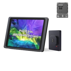 May include: A dark gray tablet case with a 12.9-inch screen, compatible with the 6th, 5th, 4th, and 3rd generation models. The screen displays a colorful abstract background. A black charging dock and a small gray component are also visible.