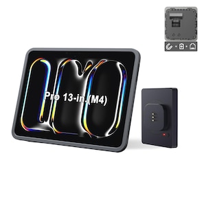 Könnte beinhalten: Ein schwarzes Tablet mit grauem Rahmen, das ein farbenfrohes abstraktes Design und den Text "Pro 13-in.(M4)" anzeigt. Eine schwarze Ladestation und eine kleine Komponente mit Anschlüssen sind ebenfalls sichtbar.