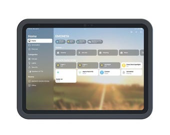 Supporto da parete EMONITA per iPad con ricarica e telaio in alluminio antifurto.