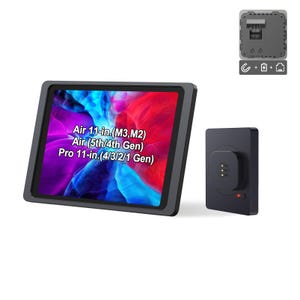 May include: A dark gray tablet case with a black border, displaying the text "Air 11-in.(M3,M2) Air (5th/4th Gen) Pro 11-in.(4/3/2/1 Gen)". A black charging dock and a small gray component are also visible.