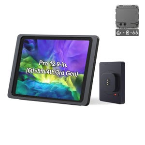 May include: A dark gray tablet case with a 12.9-inch screen, displaying a colorful abstract background. The text "Pro 12.9-in. (6th/5th/4th/3rd Gen)" is visible. A black charging dock and a small gray device are also shown.
